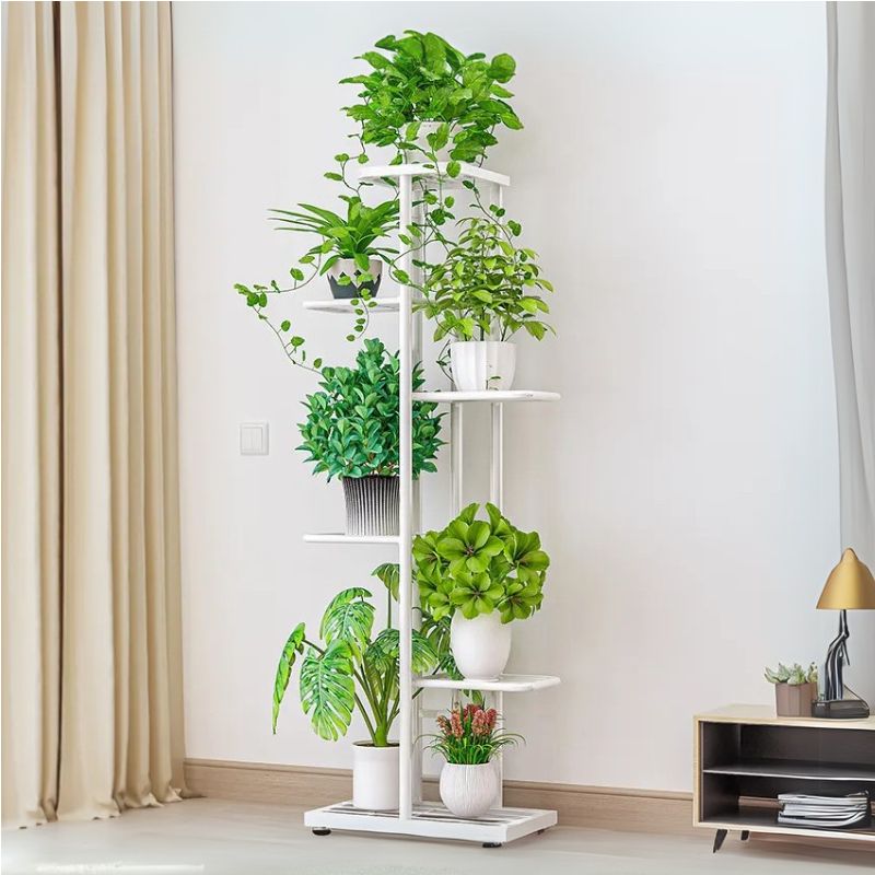 White multi-tiered plant stand with various potted plants against a light wall.