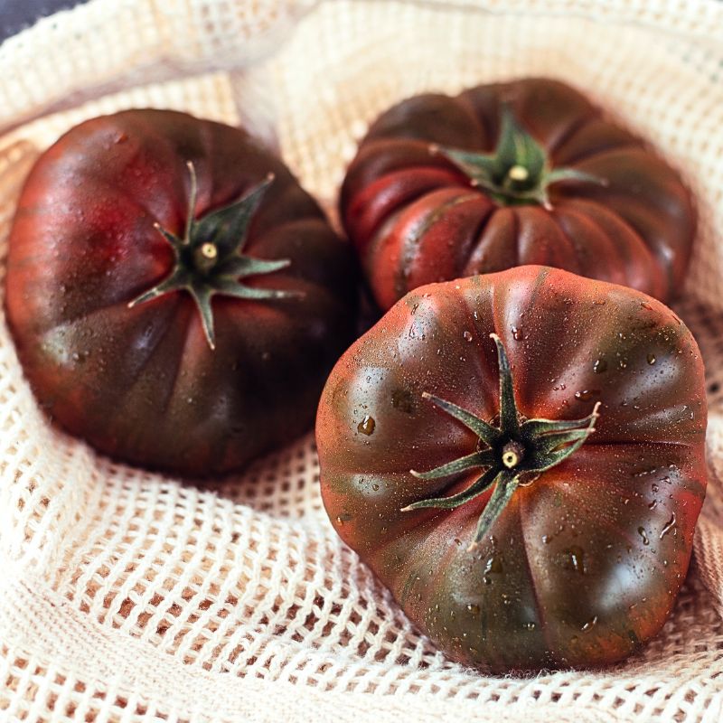 Three dark red Brandywine tomatoes on a textured beige fabric background