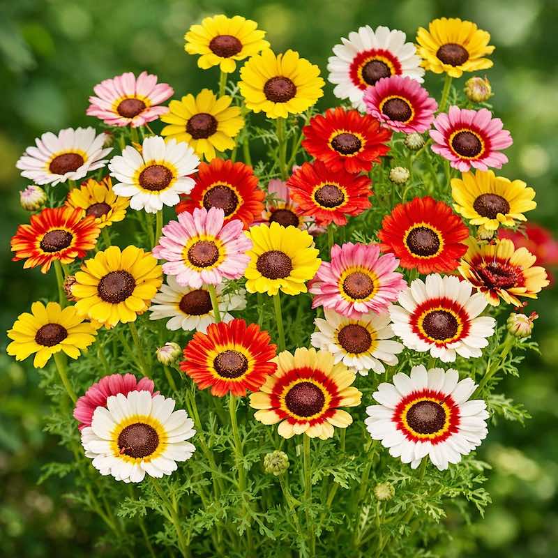 Bouquet of colorful Chrysanthemum Carinatum with brown centers on a blurred green background.