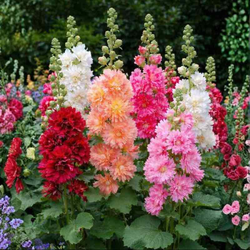 Colorful Hollyhock Summer Carnival – flower garden with various flower colors in a natural setting