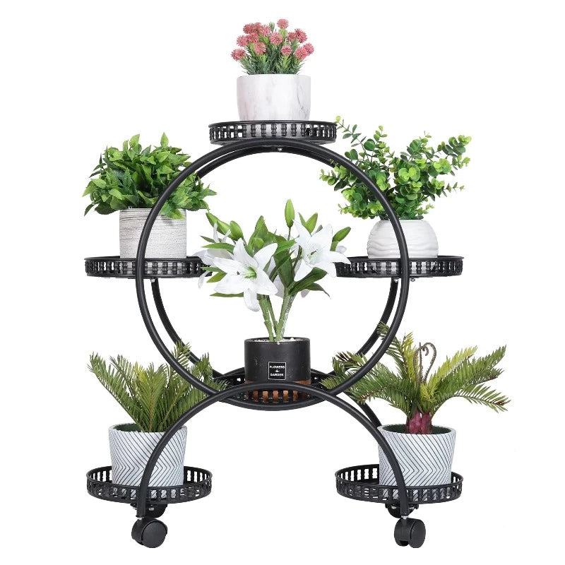 rolling plant pot stands 6 Pots Display Holder Iron Plant Stand Flower Pot Rack Shelf With Wheel For Outdoor Indoor Darby Home Co Color: Black