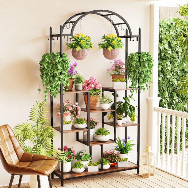 metal hooks for hanging plants Fin 5-Tier Tall Indoor Plant Stand Large Arched Metal Flower Shelf W 8 Hanging Hooks