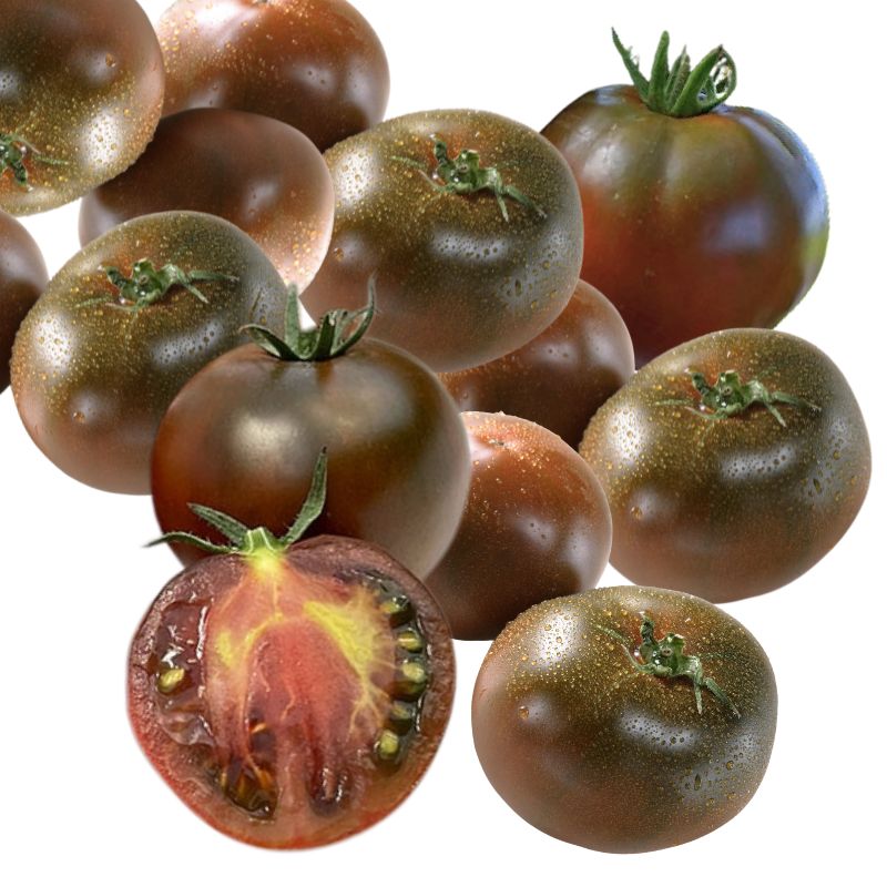 Black Prince tomatoes with a halved tomato showing reddish flesh on a white background