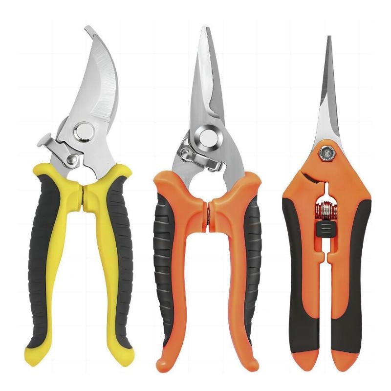 Three pairs of garden shears with different colored handles on a white background