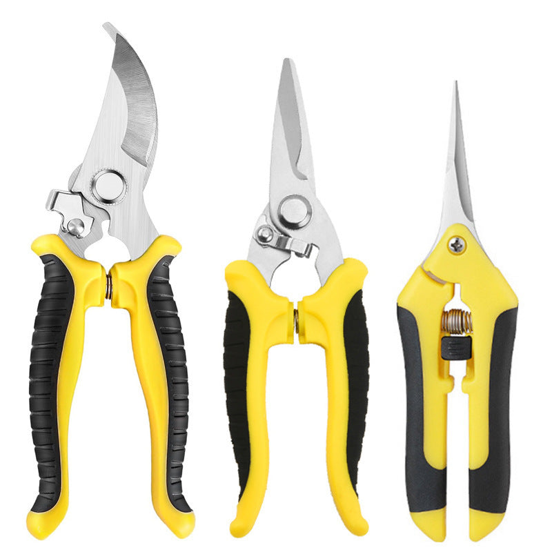 Three pairs of garden shears with yellow and black handles on a white background