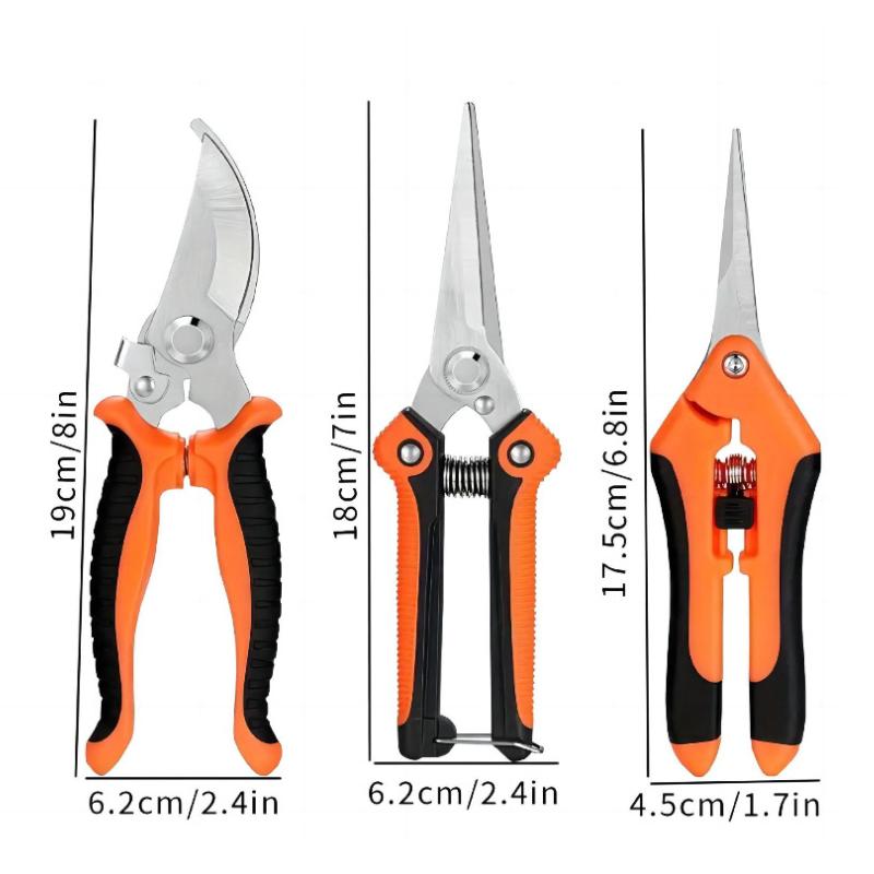 Three pairs of garden pruners with measurements indicated on a white background