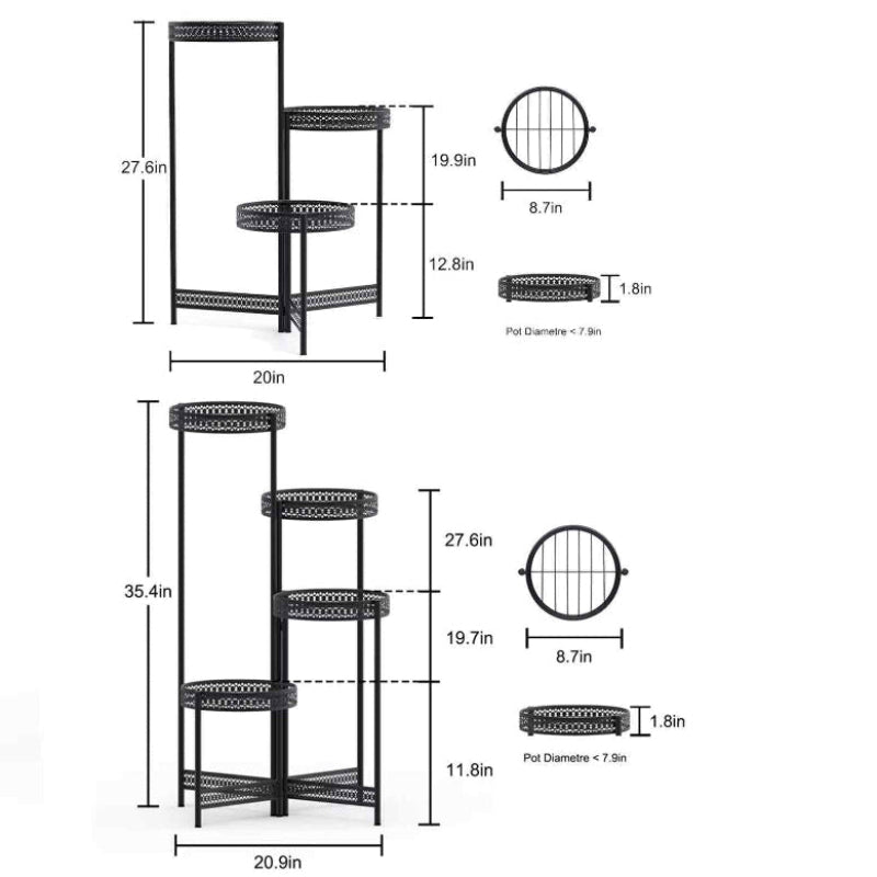 Black metal 3-tier and 4-tier plant stand with dimensions, featuring round mesh shelves for pots up to 7.9 inches in diameter.