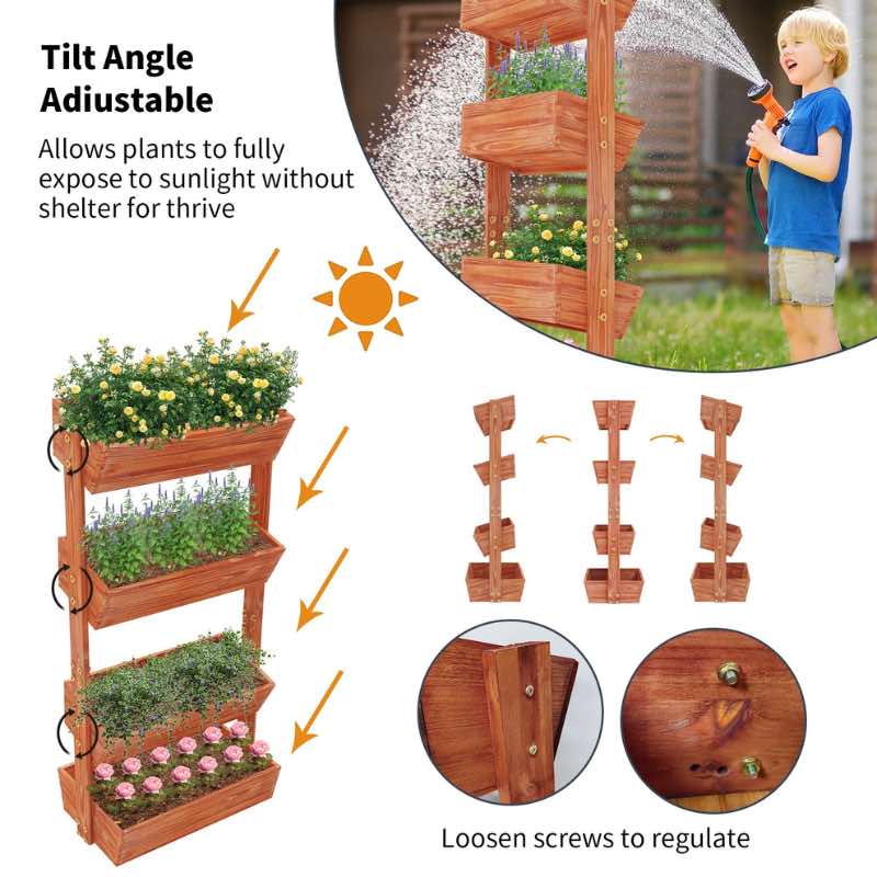 Infographic for a 4-tier vertical wooden raised garden bed showing the adjustable tilt angle feature for optimal sunlight exposure.