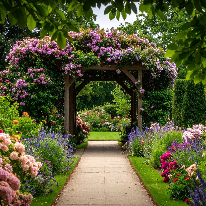 Picturesque Flower Garden Pathway with Wooden Arch