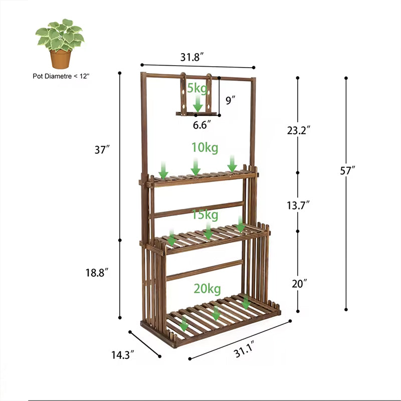 Wooden plant stand with dimensions and weight capacity indicators on a white background