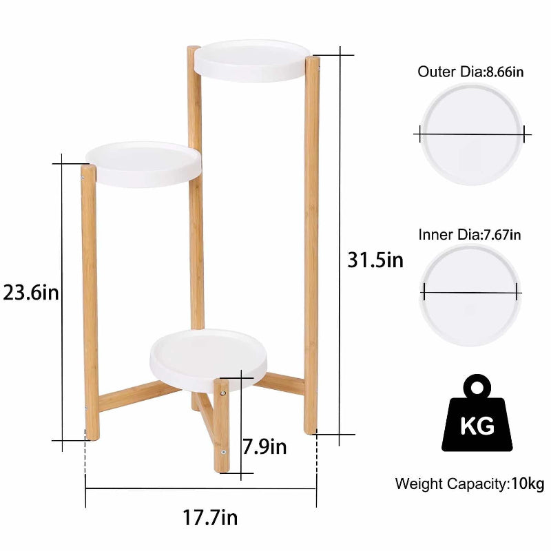 Product dimension diagram for a three-tier bamboo plant stand.