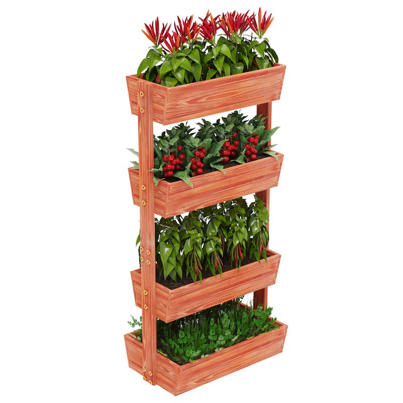 Wooden 4 tier vertical raised garden planter box with plants, displayed against a white background