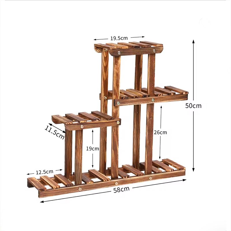 Three-tier wooden plant shelf with dimension annotations showing measurements in centimeters on a white background.