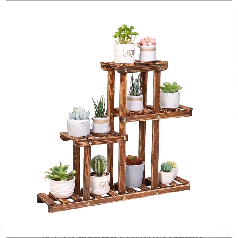A wooden tiered plant stand with five levels, holding multiple small potted succulents and cacti in white and gray pots, shown against a plain white background.