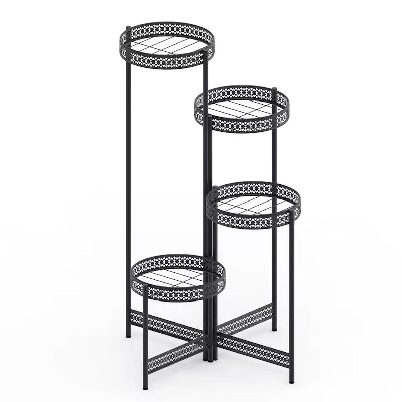4 tier round black metal plant stand with multiple tiers on a white background