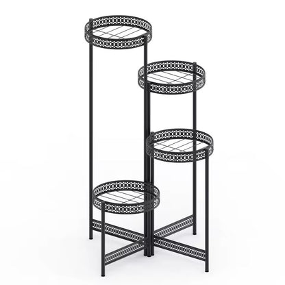 4 tier round black metal plant stand with multiple tiers on a white background