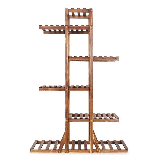 Wooden plant stand with multiple shelves on a white background