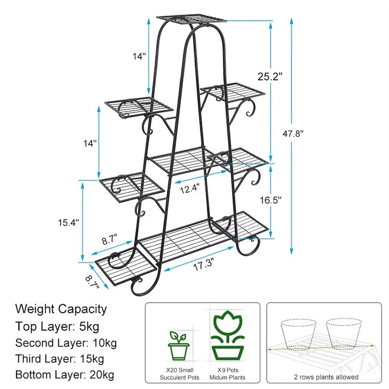 A black metal multi-tier plant stand with dimension labels showing height, width, and depth measurements, plus weight capacity and small plant pot guidelines on a white background.