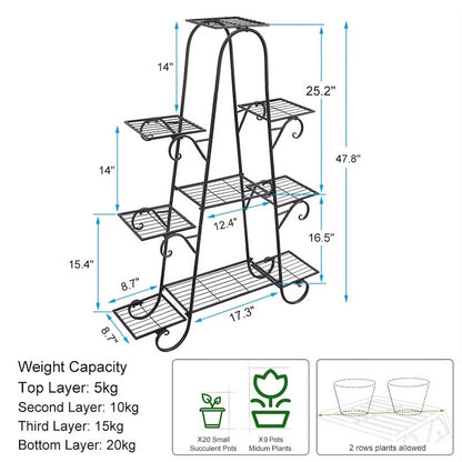 A black metal multi-tier plant stand with dimension labels showing height, width, and depth measurements, plus weight capacity and small plant pot guidelines on a white background.