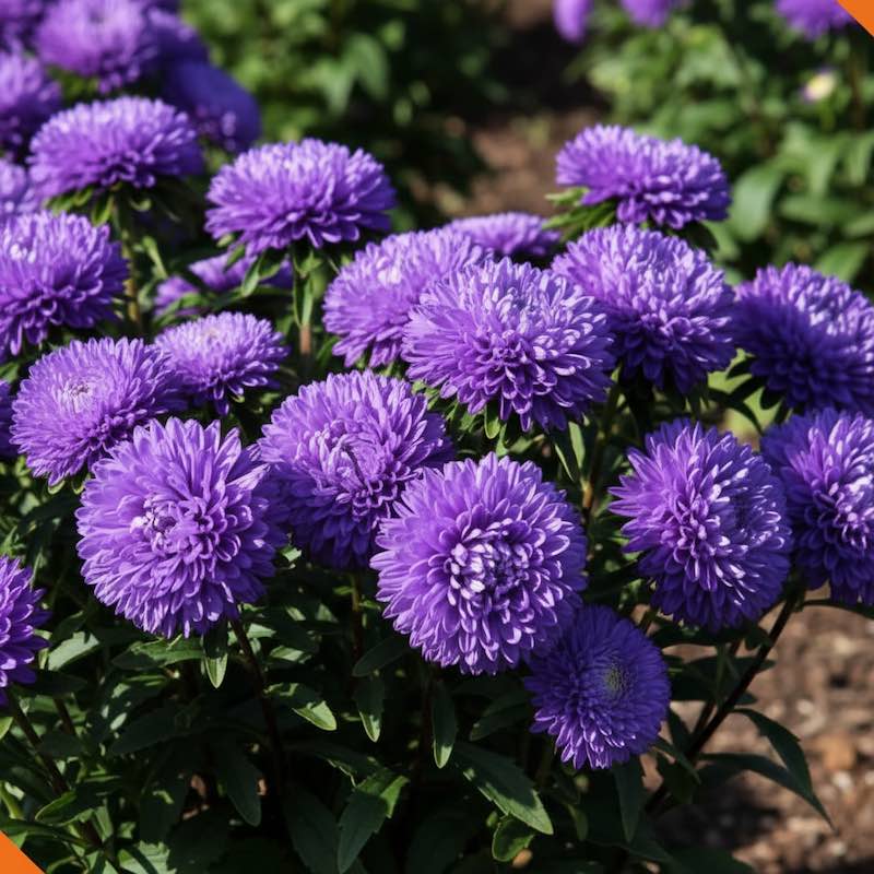 Close-up of Gremlin Aster Lavender featuring large, double blooms with vibrant, double-layered petals of dark blue lavender color with green leaves in a natural setting.