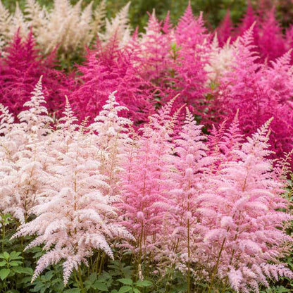 Colorful astilbe flowers in pink, white, and purple.