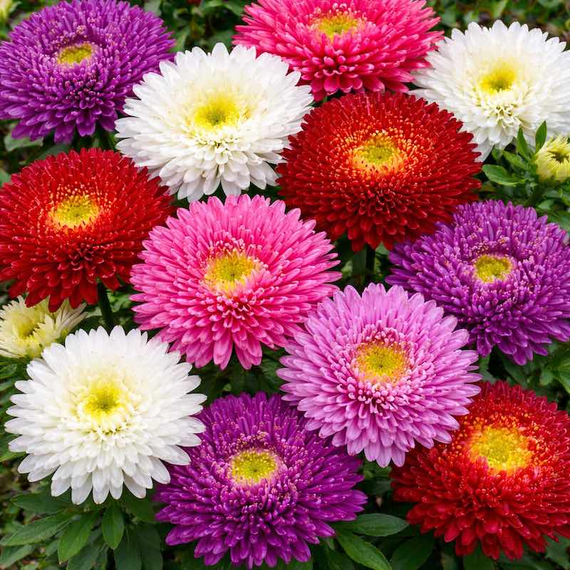 Colorful china aster flowers including red, pink, purple, and white with yellow centers.