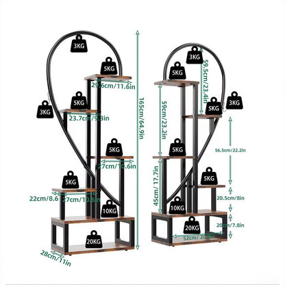 A heart-shaped black metal display rack with brown wooden shelves, shown with overlaid dimension lines and weight labels for the shelves and hanging weights.