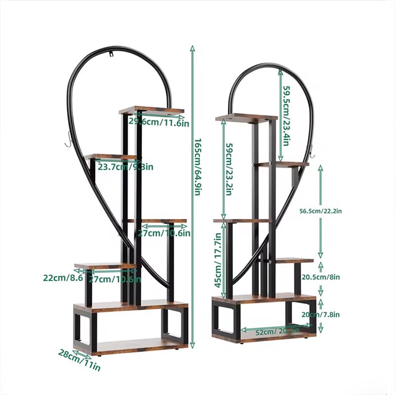 Black metal and wood shelving unit with heart-shaped arch and step shelves, shown with multiple dimension measurements on a white background.