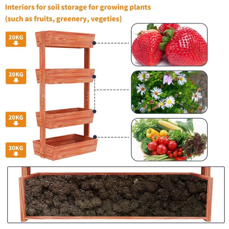 4-tier vertical wooden planter box capacity and feature diagram.