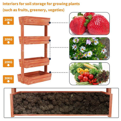 4-tier vertical wooden planter box capacity and feature diagram.