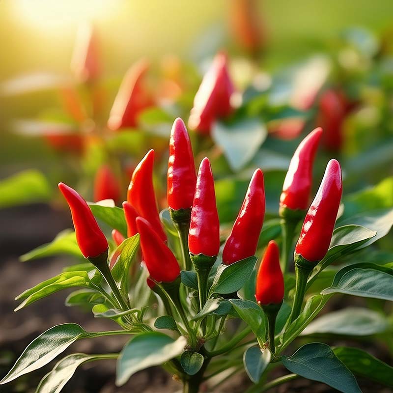 Red chili peppers growing on a plant with a blurred natural background