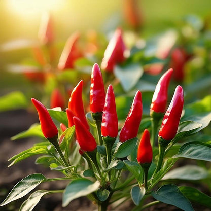 Red chili peppers growing on a plant with a blurred natural background