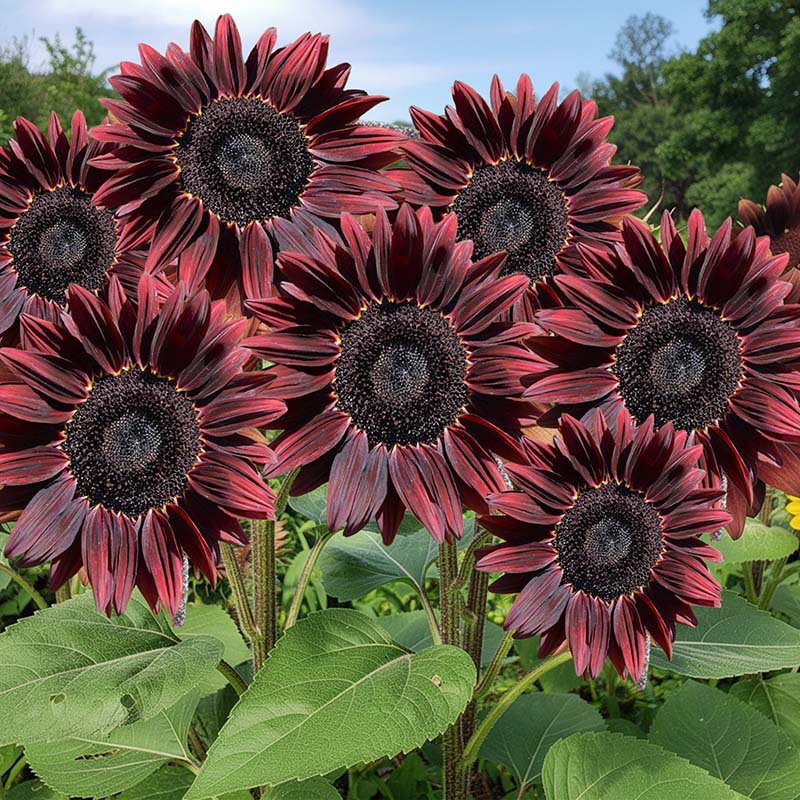 Close-up of dark red sunflowers with green leaves in the background
