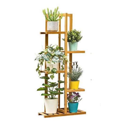 A tall wooden 5-tier plant stand holding various potted green plants in white, light blue, yellow, and teal pots, set against a plain white background.