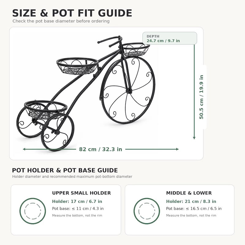 Size and pot fit guide for a black metal bicycle-shaped plant stand.   