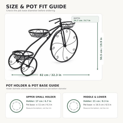 Size and pot fit guide for a black metal bicycle-shaped plant stand.   