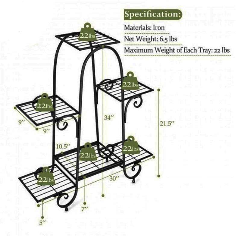A black metal four-tier shelf rack with dimension labels and weight specifications on a white background. The image includes text detailing materials, net weight, and maximum weight per tray, along with measurements for the overall height, tray depth, and leg width.