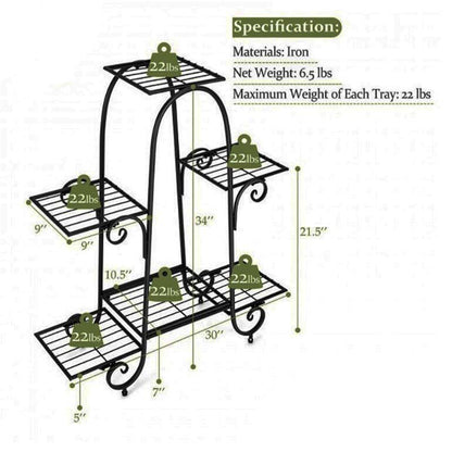 A black metal four-tier shelf rack with dimension labels and weight specifications on a white background. The image includes text detailing materials, net weight, and maximum weight per tray, along with measurements for the overall height, tray depth, and leg width.