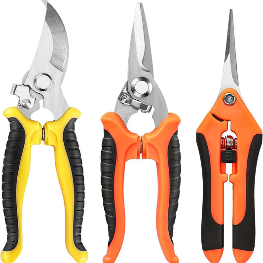 Three pairs of garden shears with different colored handles on a white background