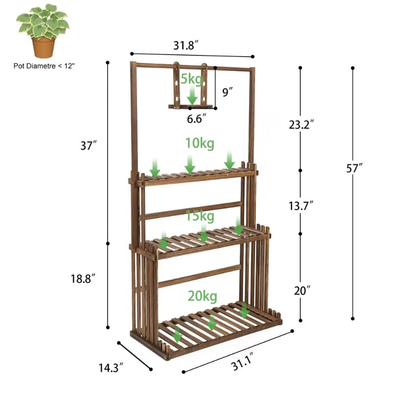 Wooden plant stand with dimensions and weight capacity indicators on a white background