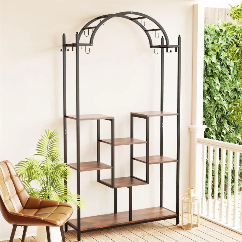 tall metal plant stands indoor Fin 5-Tier Tall Indoor Plant Stand Large Arched Metal Flower Shelf W 8 Hanging Hooks