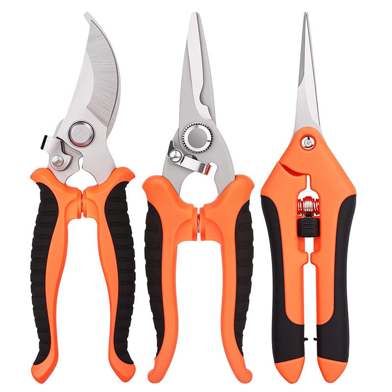 Three pairs of garden shears with orange handles on a white background