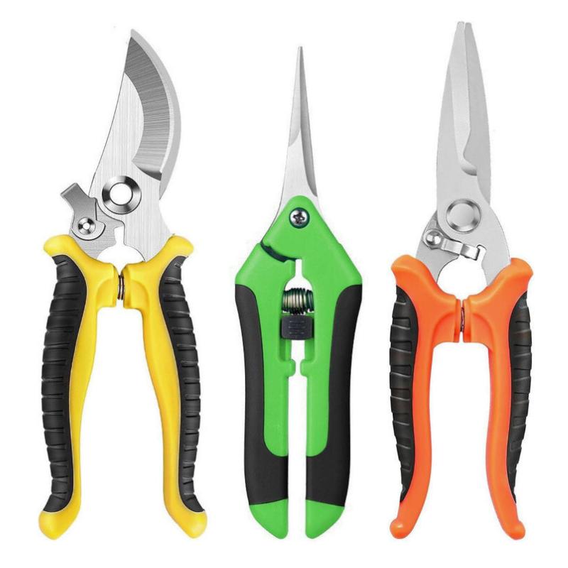 Three pairs of garden shears with yellow, green, and orange handles on a white background