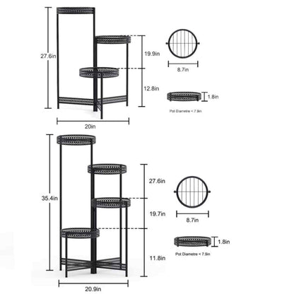 Black metal 3-tier and 4-tier plant stand with dimensions, featuring round mesh shelves for pots up to 7.9 inches in diameter.