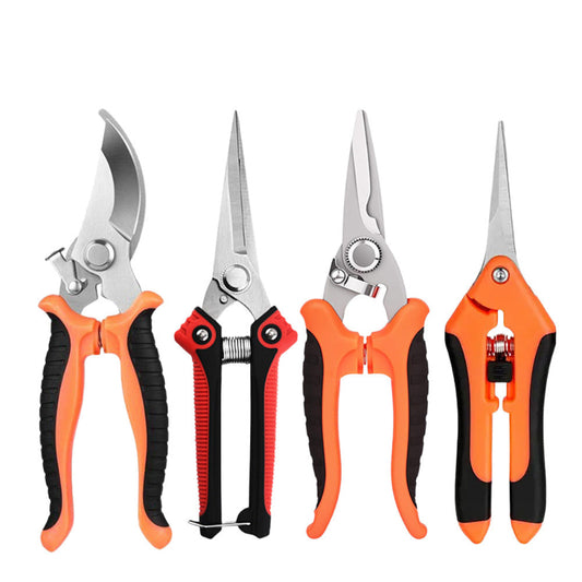 Set of four pairs of garden shears with orange and black handles on a white background