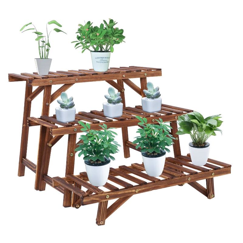 3-tier wooden ladder plant stand displaying multiple small potted houseplants.
