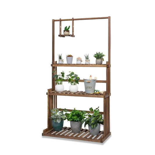Wooden plant stand with multiple shelves holding various potted plants on a white background