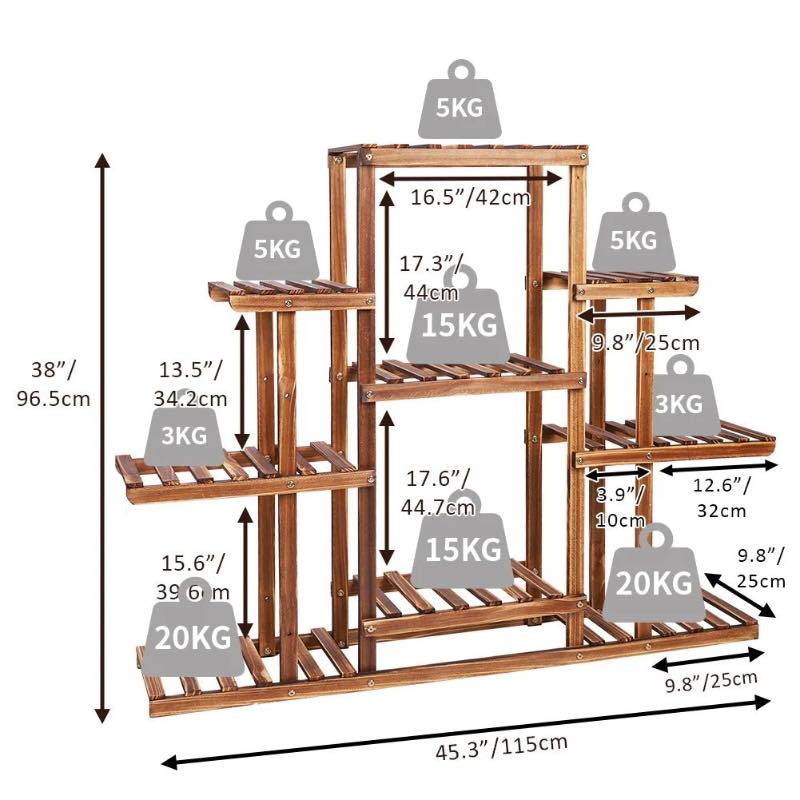 Dimension diagram of a multi-tiered wooden plant stand showing overall measurements